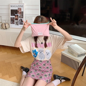 Pink macaron cosmetic bag and apricot t-shirt with purple plaid skirt set