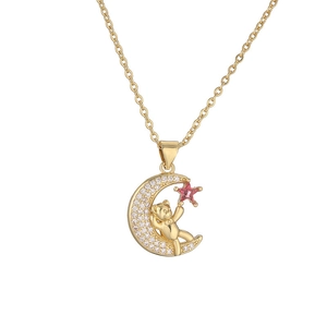 Gold plated necklace with bear on moon pendant and pink star, inlaid with white zircon