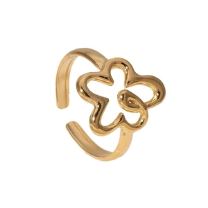 Adjustable gold flower ring in stainless steel with minimalist hollow petal design