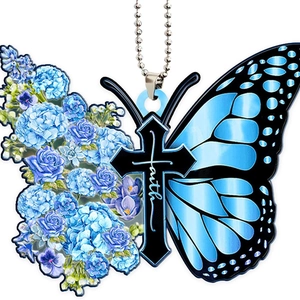 Detailed acrylic butterfly ornament with faith cross and blue floral patterns on wing