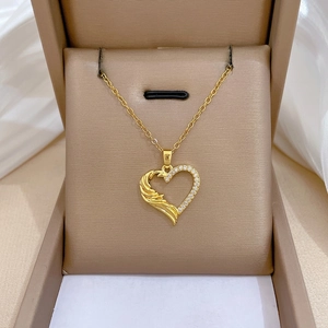 Heart Pendant Necklace Stainless Steel Copper Cubic Zirconia Asymmetric Wing Design Elegant Gold Color Jewelry Women
