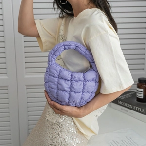 Chic purple quilted cloud shoulder bag for women with padded design and soft nylon texture