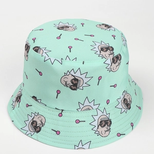 Close-up of Rick and Morty print on mint green reversible fisherman bucket hat