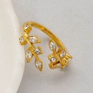 18K gold plated stainless steel open ring featuring sparkling marquise zircon leaves