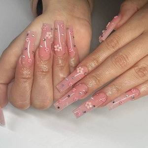 Press On Nails Long Square Pink With Alloy Flower Artificial Pearl Rhinestone Decoration Artificial False Nails Sweet Ins Style