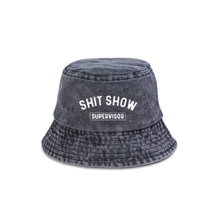 Faded black cotton bucket hat with white SHITSHOW print for outdoor sun protection