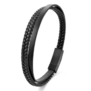 Men Leather Woven Bracelet Stainless Steel Magnetic Clasp Layered Design Minimalist Punk Style Casual Fashion Jewelry