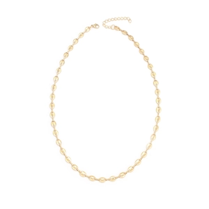 Detail of gold coffee bean mariner link necklace with lobster clasp and extension chain