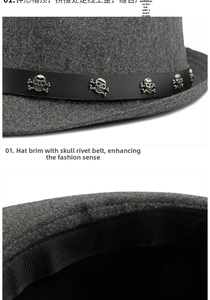 Detailed close-up of grey wool fedora with skull metal rivets and black belt buckle band