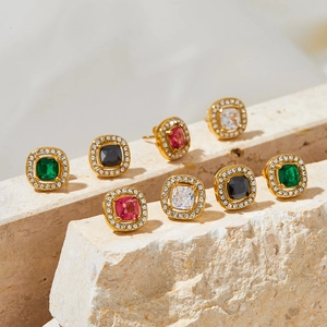 French style rhombus earrings with square emerald and zircon inlay in gold-plated steel