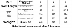 Detailed size guide table for women's padded jacket with measurements in centimeters