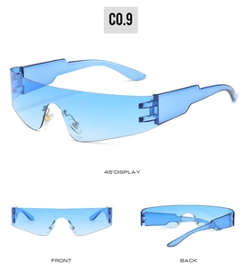 Blue rimless punk sports sunglasses set with front, back and 45-degree side views