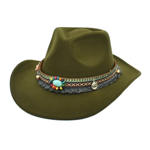 Western Cowboy Hat Wide Brim Cotton Polyester Bohemian Ethnic Bead Turquoise Tassel Fedora Vintage Outdoor Women Men