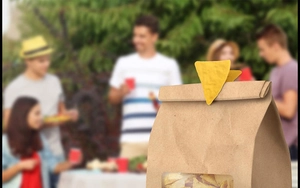 Detailed close-up of a realistic triangle corn chip shaped snack bag sealer clip
