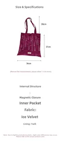 Detail of purple velvet tote bag showing 37x36cm size specs and magnetic closure info