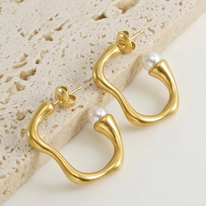 Boucles D'oreilles Créoles Vagues Irrégulières Acier Inoxydable Plaqué Or 18K Avec Künstliche Perle Artificielle Bijoux Mode Femme