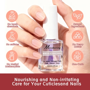 Detail of Misscheering 12ml nail strengthener base oil bottle held by hand with natural icons