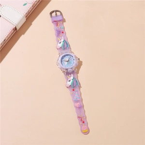 Detail of purple silicone strap with 3D cartoon unicorns and colorful party elements