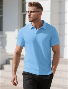 Detail of light blue waffle knit fabric and classic three-button placket on men's polo