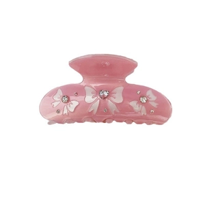 Pink acetate butterfly hair claw clip with crystal rhinestones and heart pattern