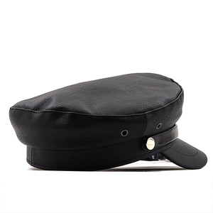 Chic black PU leather octagonal cap with decorative side strap and silver metal rivets