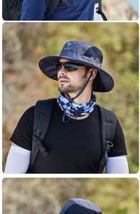 Detail of outdoor sun hat with windproof rope, camo neck gaiter and cooling sleeves