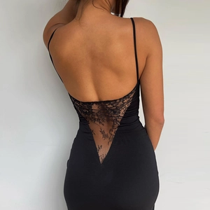 Elegant black lace patchwork backless bodycon dress with spaghetti straps for women