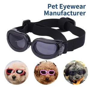 UV protection dog sunglasses with adjustable strap shown in black and multi-color options