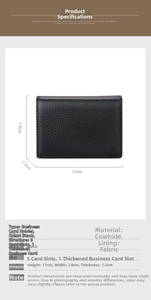 Close-up of black lychee grain leather card holder with dimensions 11cm x 7.8cm x 1.5cm