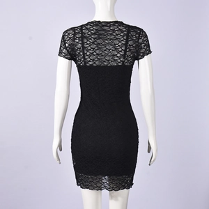 Detail view of the lace texture and sheer back design on this black bodycon dress