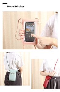 Detail of crossbody phone purses in pink, green, and red with touch screen windows