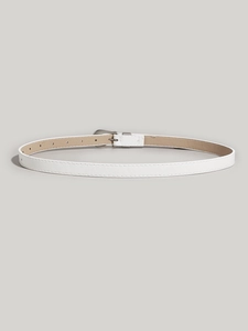 Detail of slim white leather belt with silver metal buckle and refined stitching detail