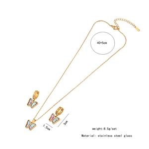 Detail view of butterfly necklace set with iridescent glass pendants and size parameters