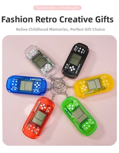 Radial layout of six colorful mini handheld game console keychains on pink background