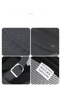 Detail view of quick-dry hat showing sports logo, mesh texture, and adjustable buckle