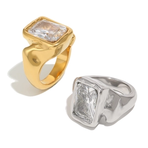 Minimalist 18K gold and silver plated stainless steel ring with rectangular crystal stone
