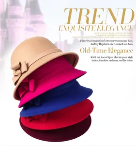 Vertical stack of stylish wool felt bucket hats with bows in five elegant colors