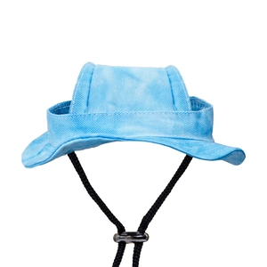 Detail of light blue pet sun hat with adjustable black drawstring and twill fabric texture