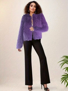 Close-up of purple faux fur short jacket with long hair texture and round neck design