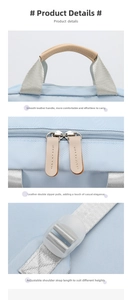 Detail of blue backpack featuring leather handles, dual zippers, and adjustable straps