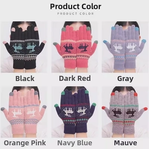 Detail showing winter knit gloves with elk patterns in six colors and touch screen fingertips