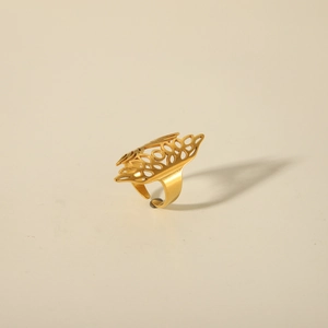 Anello aperto retrò in acciaio inossidabile placcato oro 18K con motivo a foglie