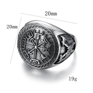 Vintage Viking Vegvisir compass ring in silver steel with dimensions and weight labels