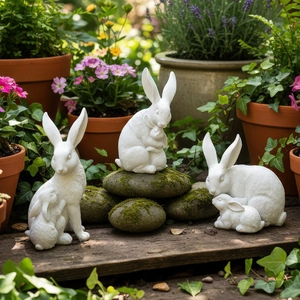 Figurines De Lapin Mère Et Bébé Texture De Fourrure Réaliste Statues En Résine Décor De Jardin Patio Maison Sculpture Animale