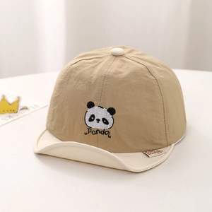 Detail of baby sun hat featuring embroidered panda design and soft khaki fabric brim