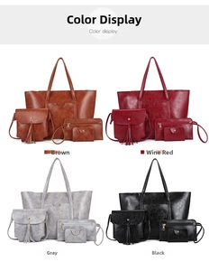 Detailed grid view of four-piece vintage oil-wax leather women handbag set in four colors