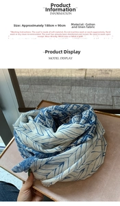Detail of blue feather print cotton linen scarf with soft texture and 180x90cm size