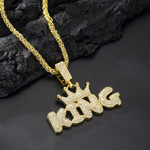 Hip hop style gold plated crown KING letter pendant necklace with sparkling rhinestones