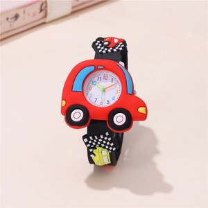 Kids sports watch with red car shaped dial and black racing flag silicone strap