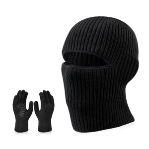 Winter black knit balaclava mask and non-slip gloves set for outdoor warmth